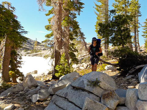 Lisa backpacking near Heather Lake in the beautiful High Sierra