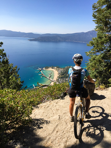 Lisa thoroughly enjoying the views of Lake Tahoe from the Flume Trail