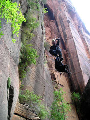 The final 160 foot free rappel in Behunin Canyon