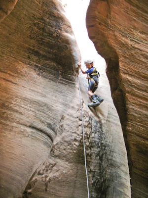 Caleb on his first rappel into Keyhole Canyon