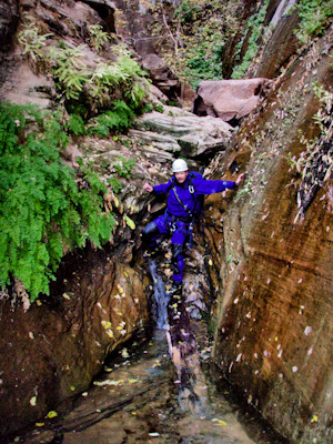 Bob downclimbing in Mystery Canyon in Zion National Park