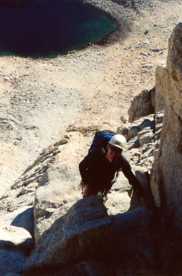 A little 4th class climbing at the end of pitch 4.  Photo by Simon Peck.