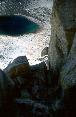 Looking down on Iceberg Lake from the sixth pitch belay