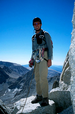 Simon at the end of the last pitch just below the summit