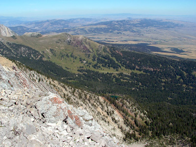 The view of Fairy Lake (the trailhead) from the summit of Sacagawea Peak.