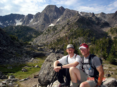 Taking a break with brother Dave at Pine Creek Lake.  The summit of Black Mountain is in the background.